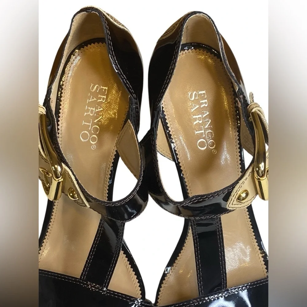 Franco Sarto patent leather Black & Tan Strap Heels Women’s Size 10